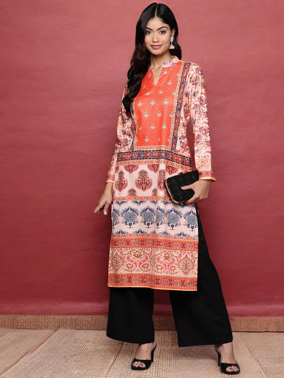 Orange Printed Velvet Kurta with Gotta Patti - Indian Kurtas