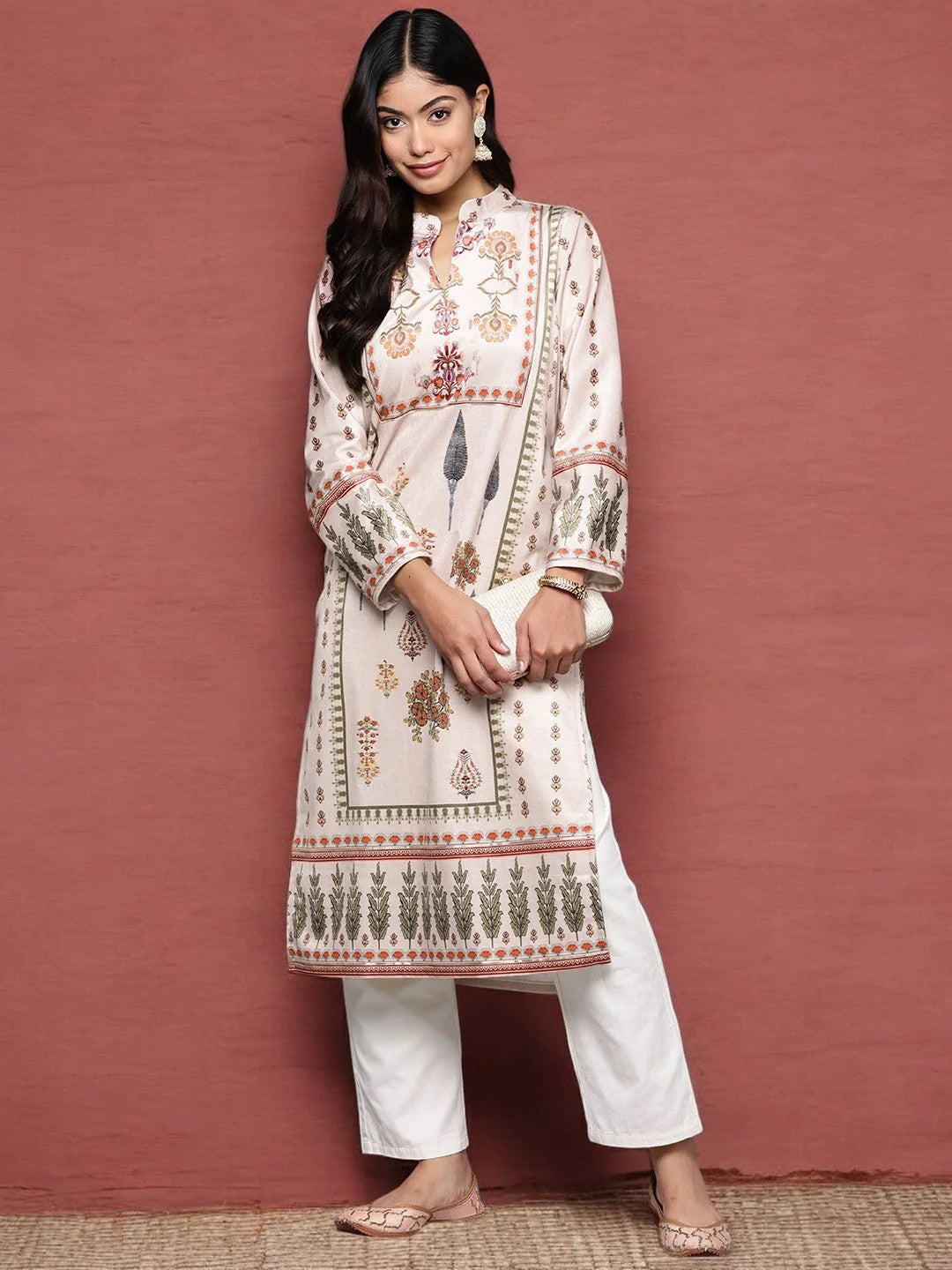 Off White Velvet Kurta - Ethnic Motifs - Indian Kurta Ladies