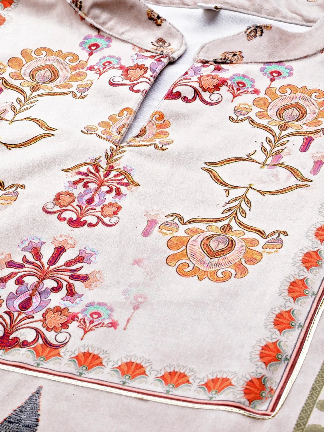 Off White Velvet Kurta - Ethnic Motifs - Indian Kurta Ladies