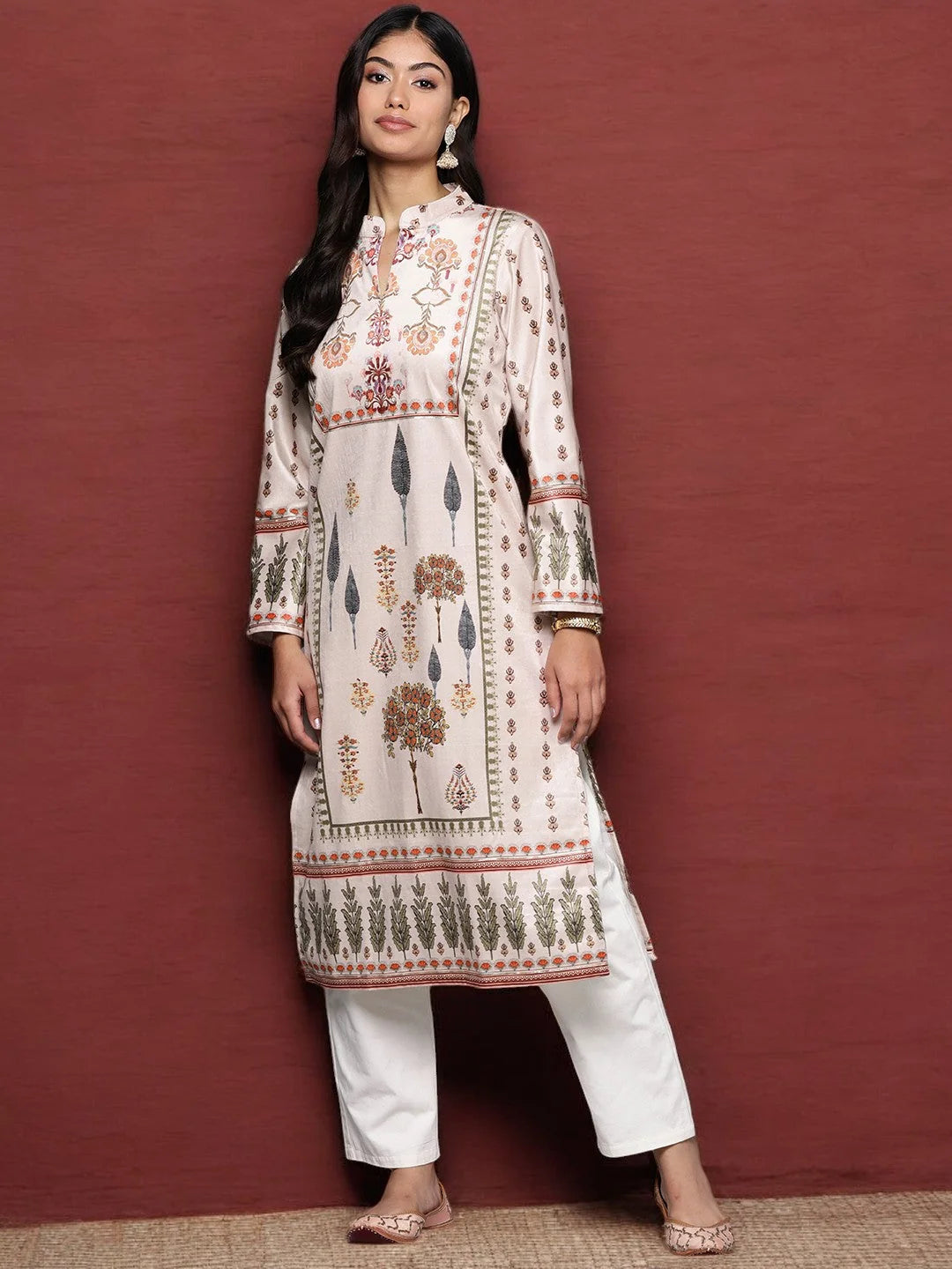 Off White Velvet Kurta - Ethnic Motifs - Indian Kurta Ladies