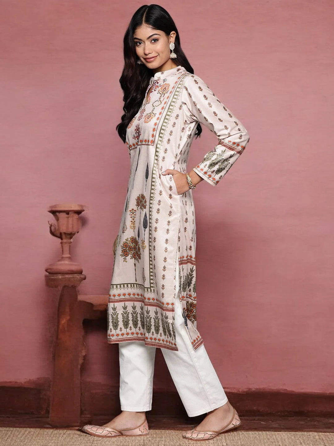 Off White Velvet Kurta - Ethnic Motifs - Indian Kurta Ladies