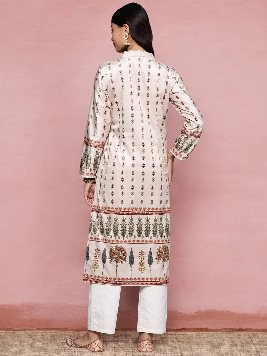 Off White Velvet Kurta - Ethnic Motifs - Indian Kurta Ladies