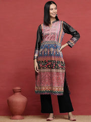 Pink & Black Printed Gotta Patti Velvet Kurta-AHKUVLDP-1106