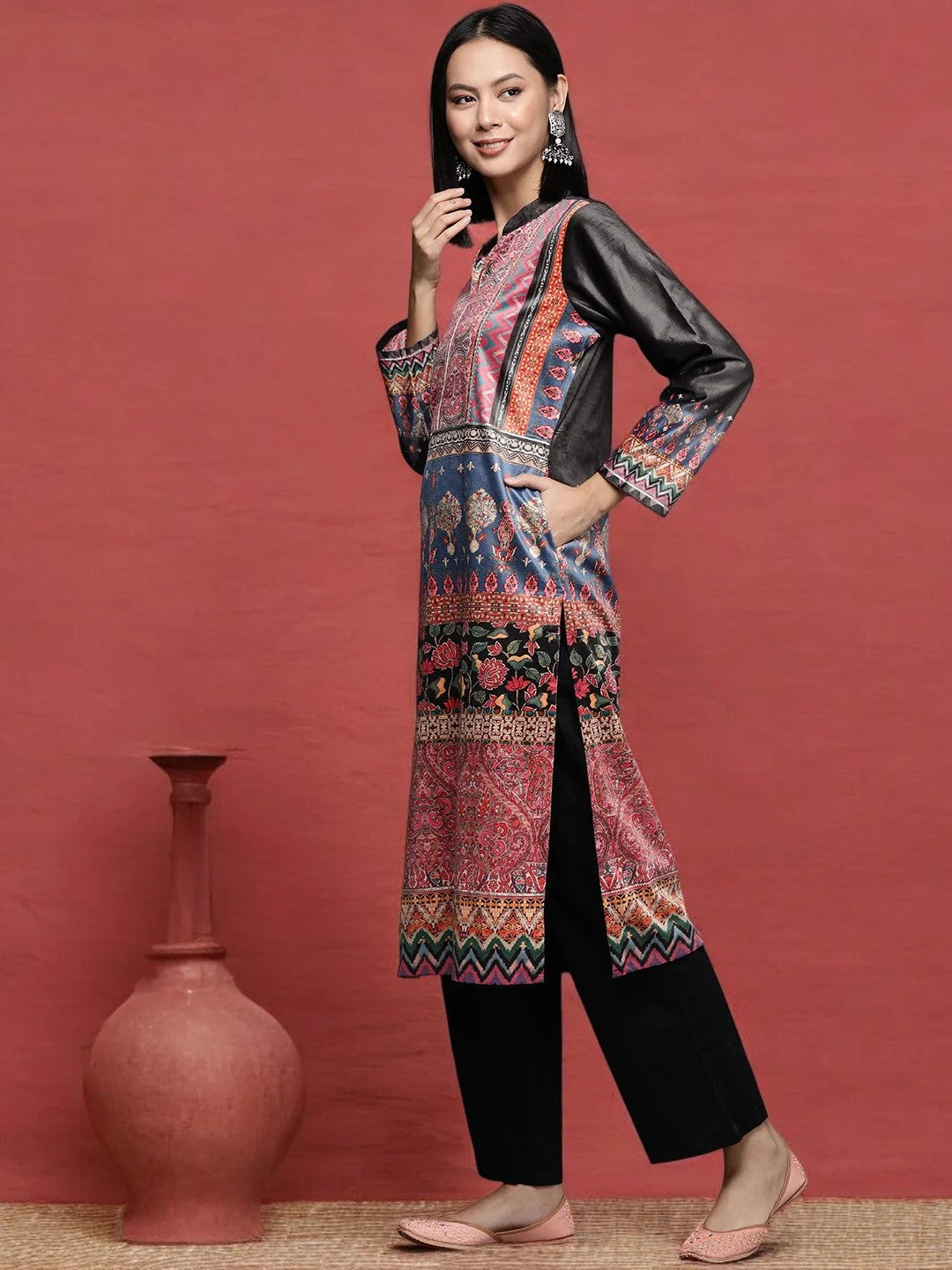 Pink & Black Printed Indian Kurta for Ladies | Velvet Kurti