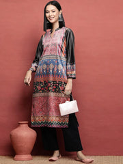 Pink & Black Printed Gotta Patti Velvet Kurta-AHKUVLDP-1106