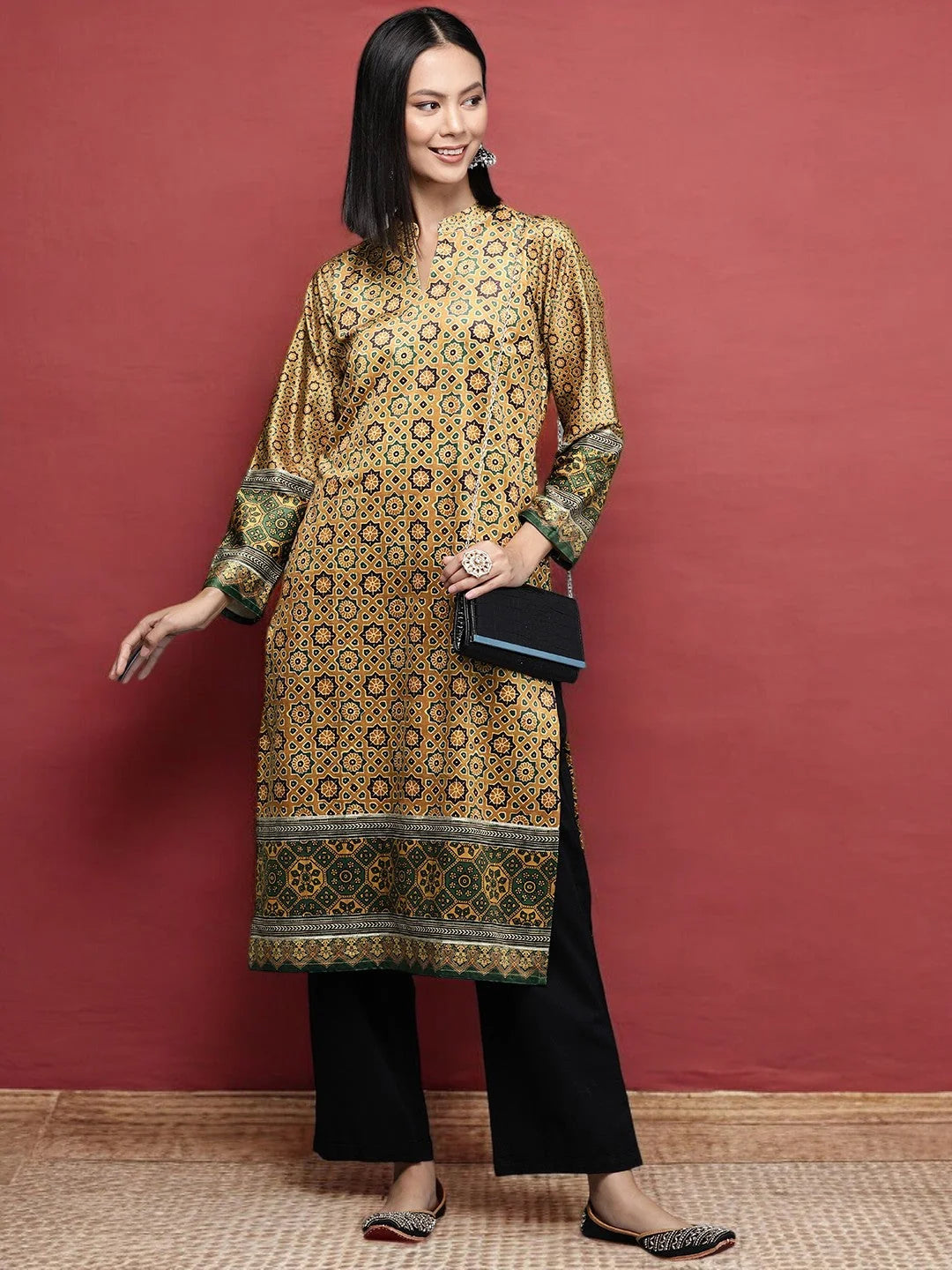Mustard Yellow Printed Gotta Patti Velvet Kurta-AHKUVLDP-1107