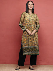 Mustard Yellow Printed Gotta Patti Velvet Kurta-AHKUVLDP-1107