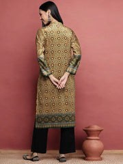 Mustard Yellow Printed Gotta Patti Velvet Kurta-AHKUVLDP-1107