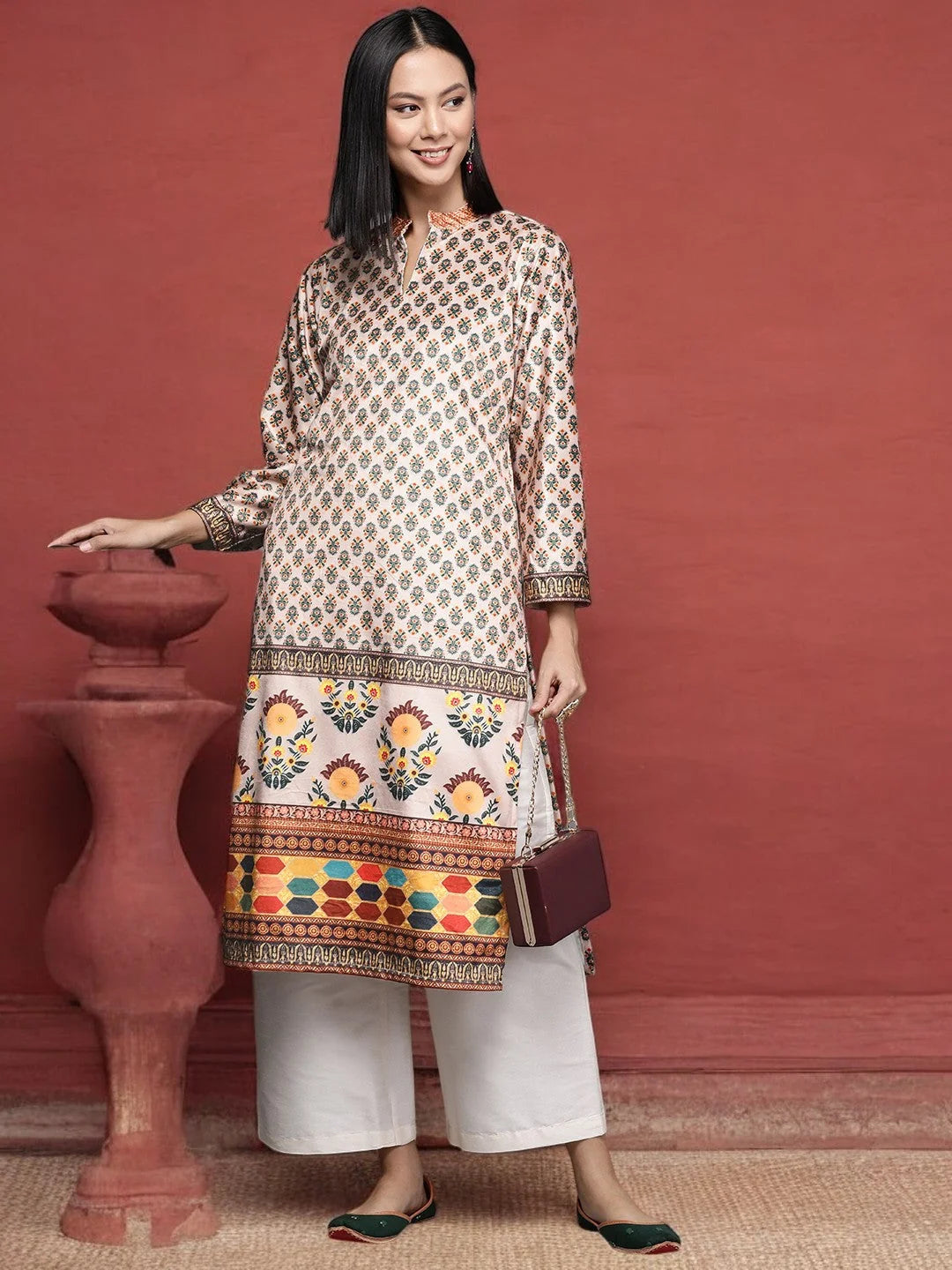 Beige & Green Floral Printed Velvet Kurta-AHKUVLDP-1108