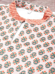 Beige & Green Floral Printed Velvet Kurta-AHKUVLDP-1108