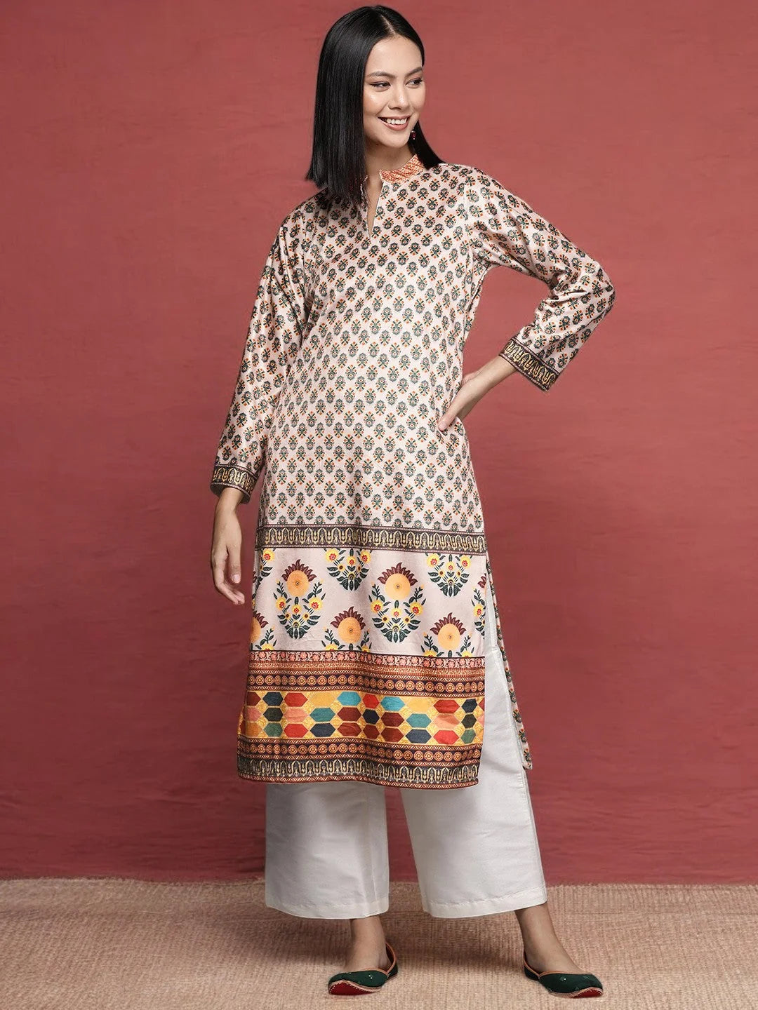 Beige Floral Velvet Kurta | Indian Kurtis | Women's Fashion