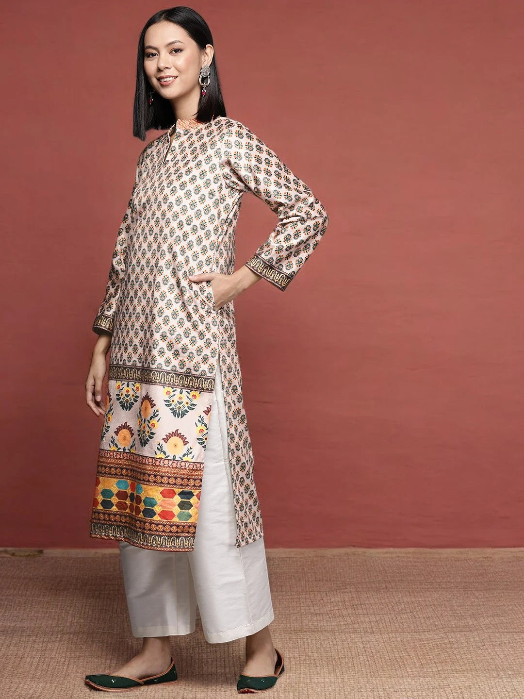 Beige Floral Velvet Kurta | Indian Kurtis | Women's Fashion