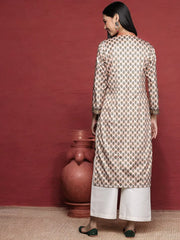 Beige & Green Floral Printed Velvet Kurta-AHKUVLDP-1108