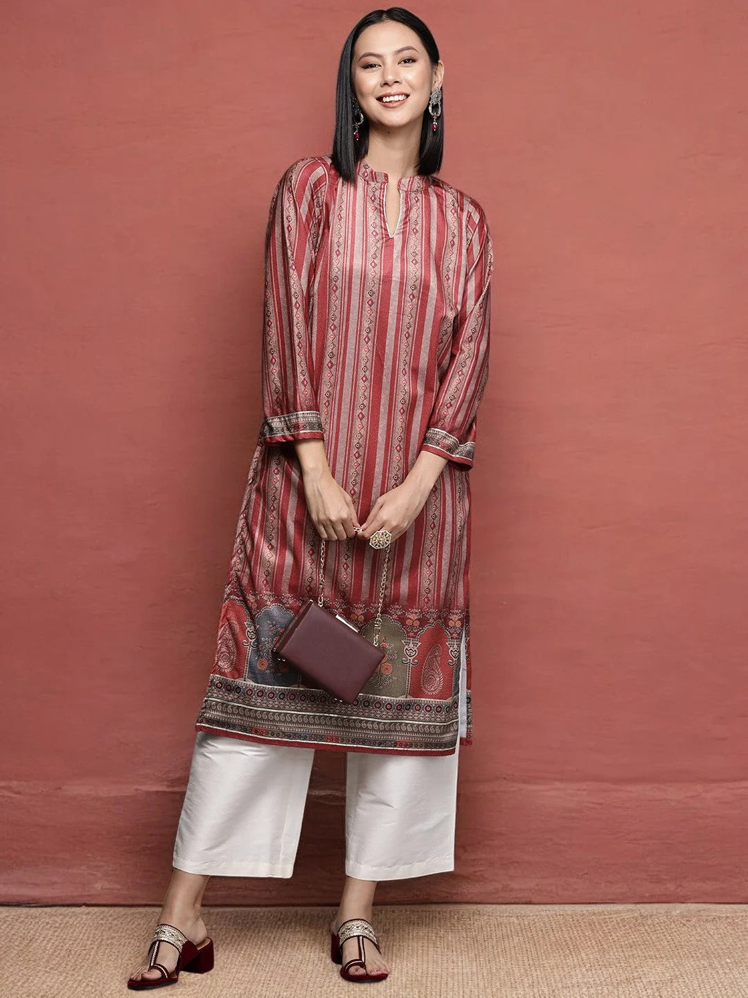 Maroon Striped Gotta Patti Velvet Kurta-AHKUVLDP-1109