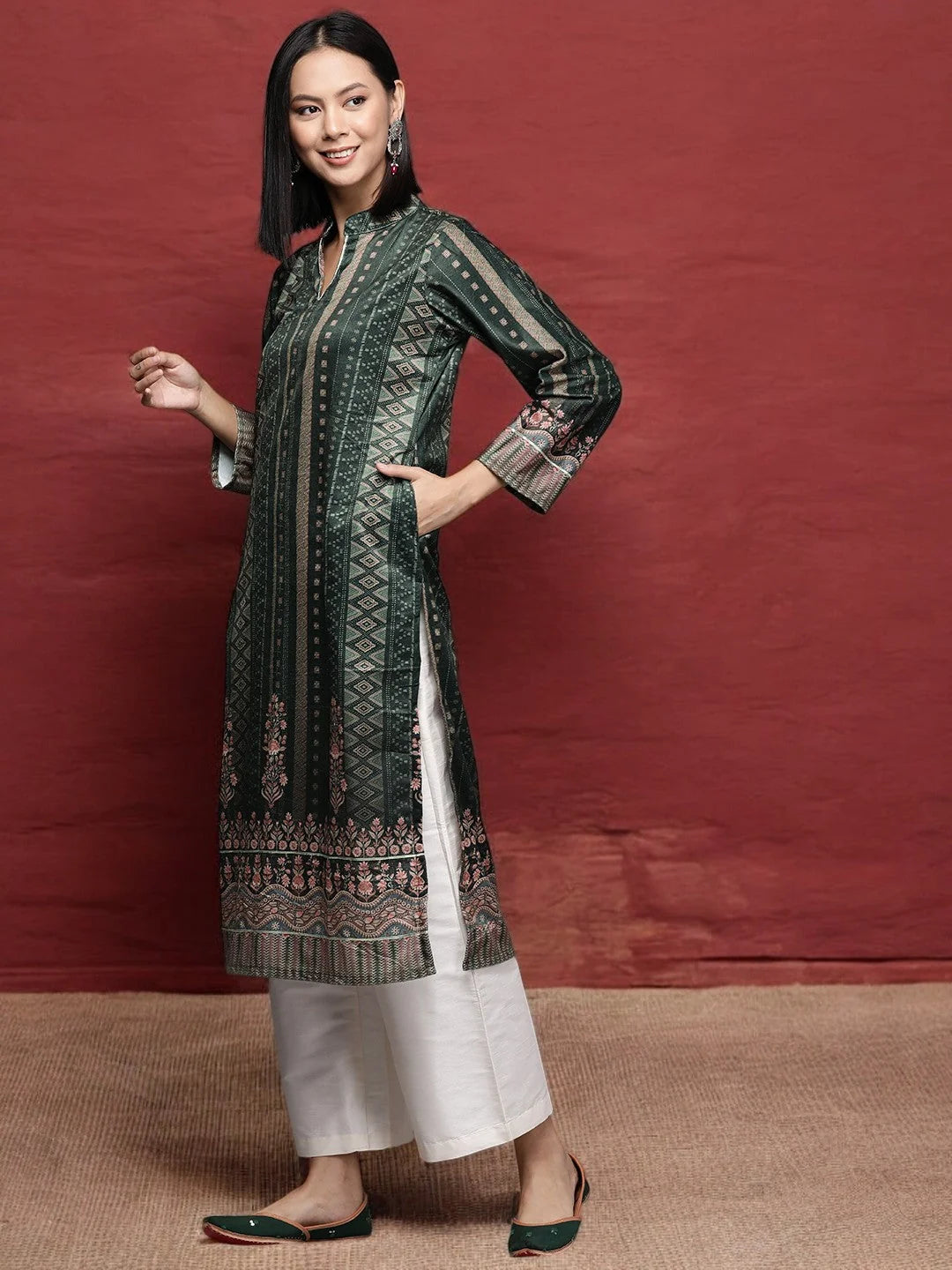 Green Geometric Velvet Kurtas | Indian Kurta Ladies | Festive