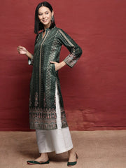 Green Geometric Printed Gotta Patti Velvet Kurta-AHKUVLDP-1110