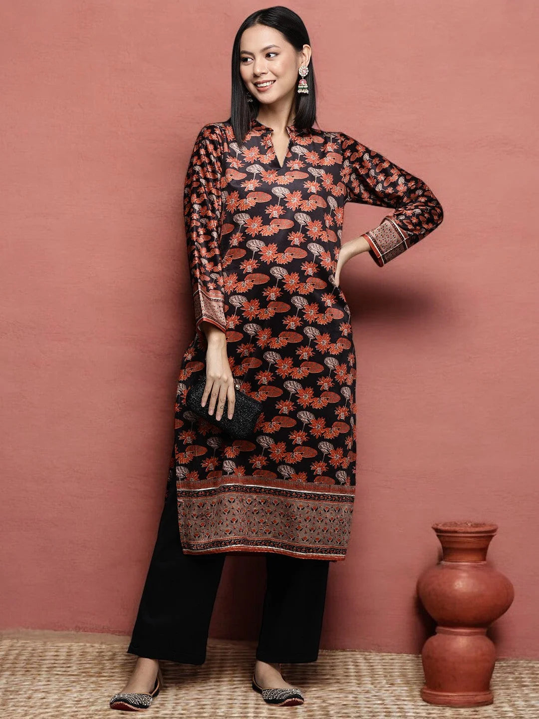 Black & Orange Floral Velvet Indian Kurta | Women's Kurtas
