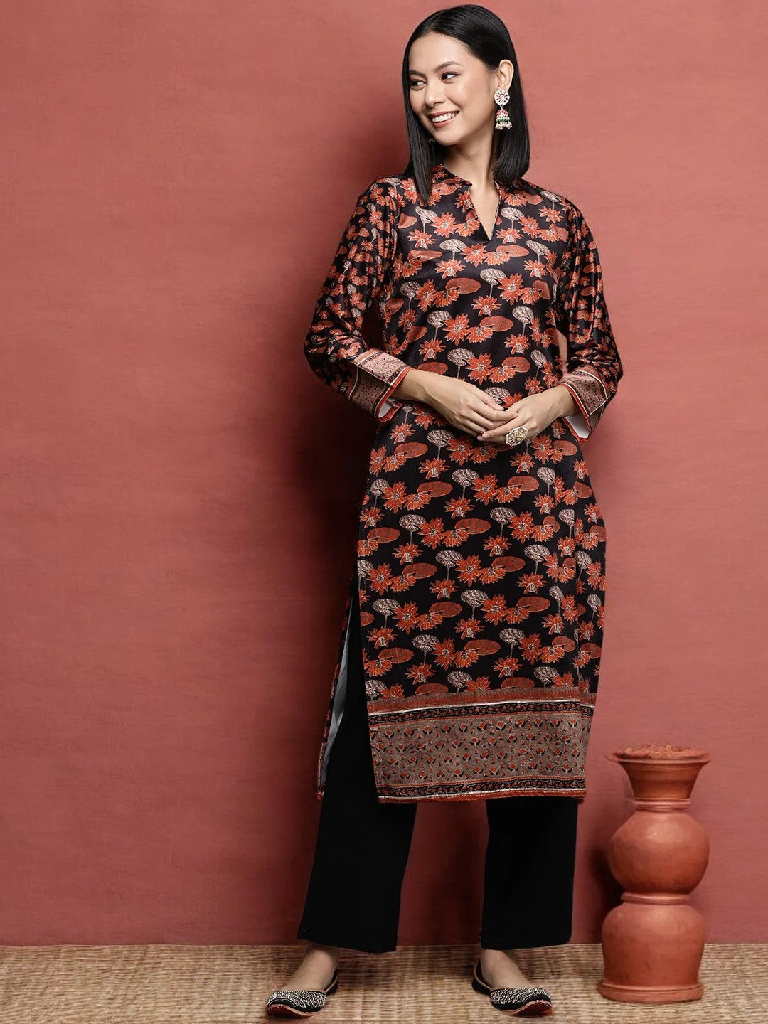 Black & Orange Floral Velvet Indian Kurta | Women's Kurtas