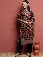 Black & Orange Floral Printed Gotta Patti Velvet Kurta-AHKUVLDP-1111