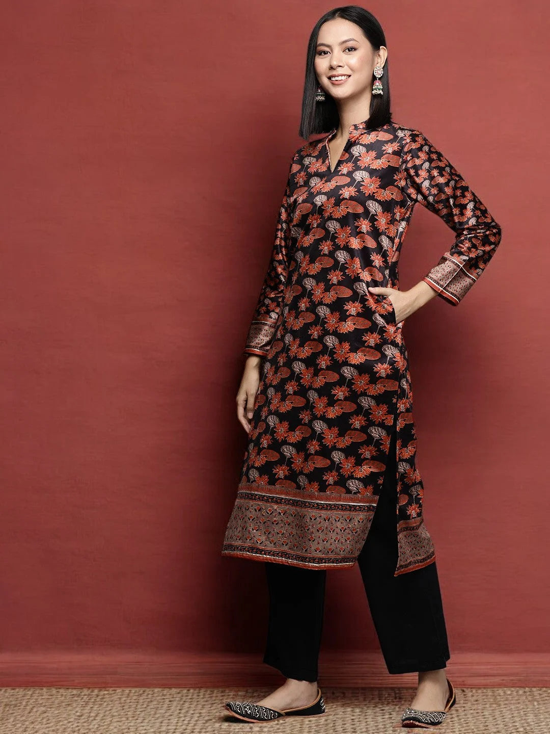 Black & Orange Floral Velvet Indian Kurta | Women's Kurtas