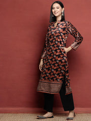 Black & Orange Floral Printed Gotta Patti Velvet Kurta-AHKUVLDP-1111