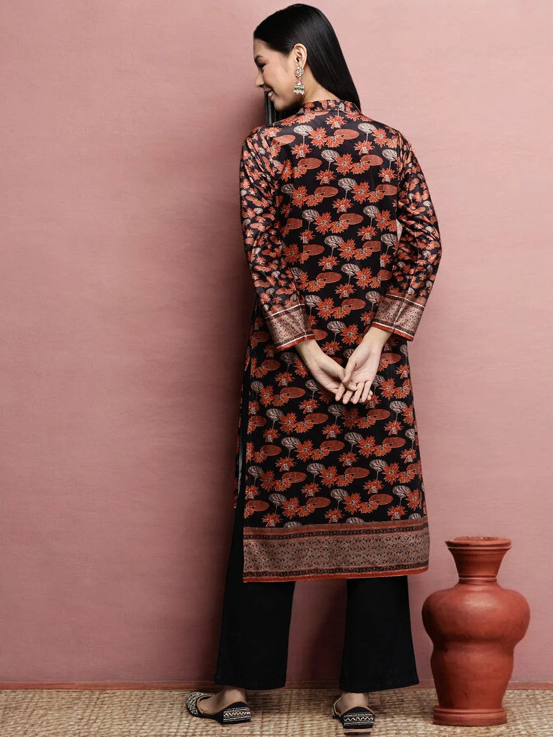 Black & Orange Floral Velvet Indian Kurta | Women's Kurtas