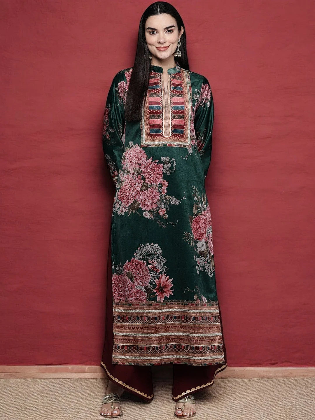 Floral Printed Indian Kurta for Women | Velvet Gotta Patti