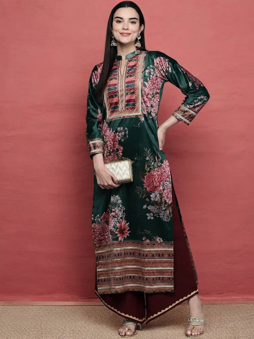 Floral Printed Indian Kurta for Women | Velvet Gotta Patti