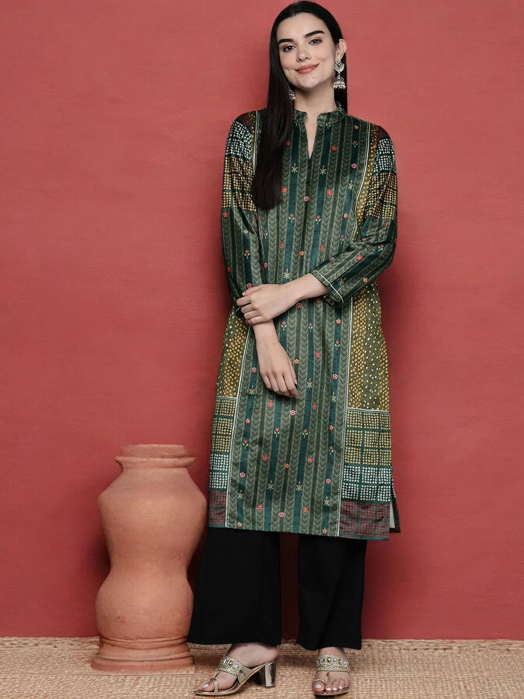 Stylish Striped Indian Kurta | Women's Velvet Gotta Patti