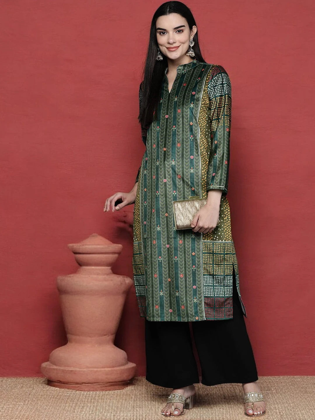 Stylish Striped Indian Kurta | Women's Velvet Gotta Patti