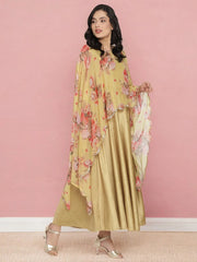 Mustard Color Velvet Kurta With Attached Printed Dupatta-AHKUVLDP-897