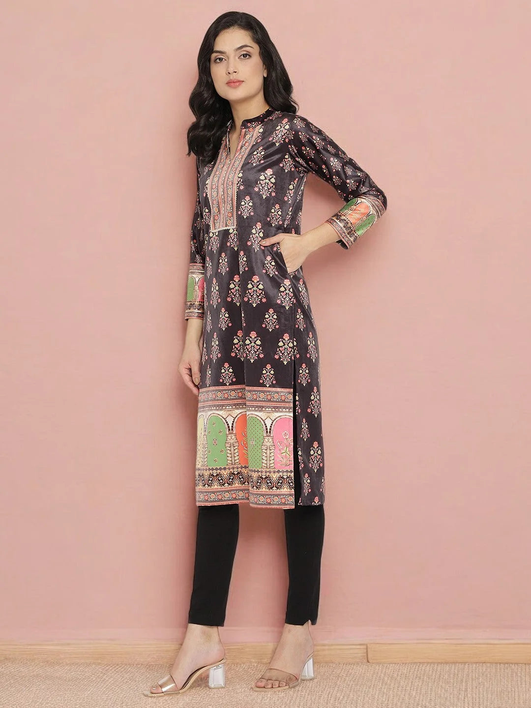 Striped Velvet Indian Kurta for Women | Vibrant Polyester