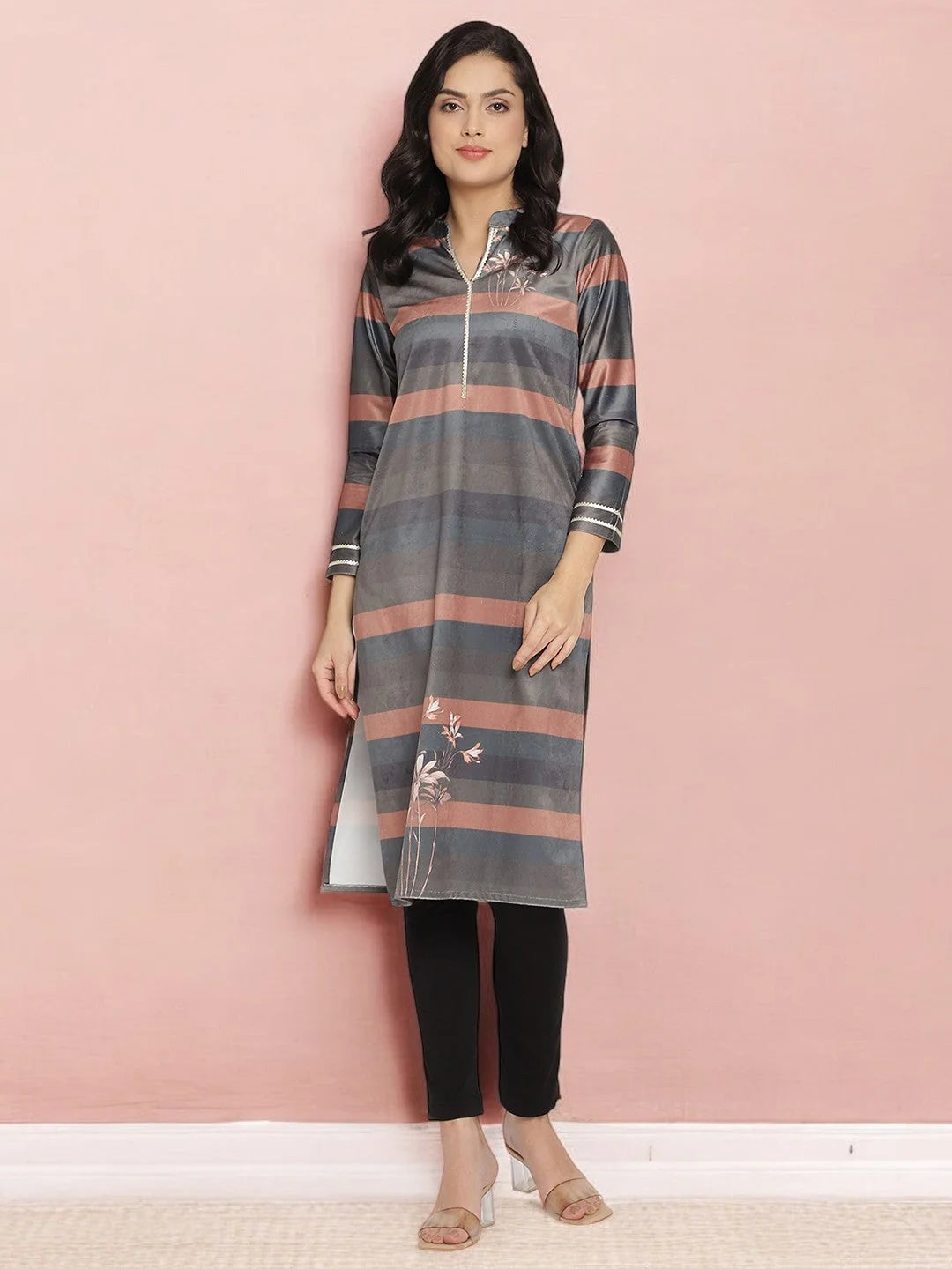 Multi Colour Stripe Digital Print Velvet Kurta-AHKUVLDP-909
