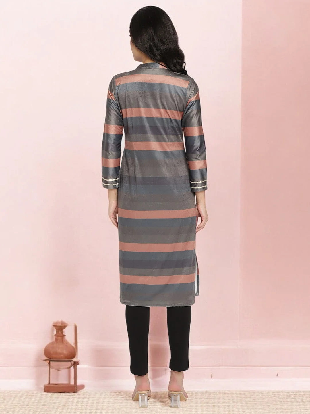 Multi-Color Stripe Velvet Kurta|Indian Kurta for Ladies-AHKUVLDP-909