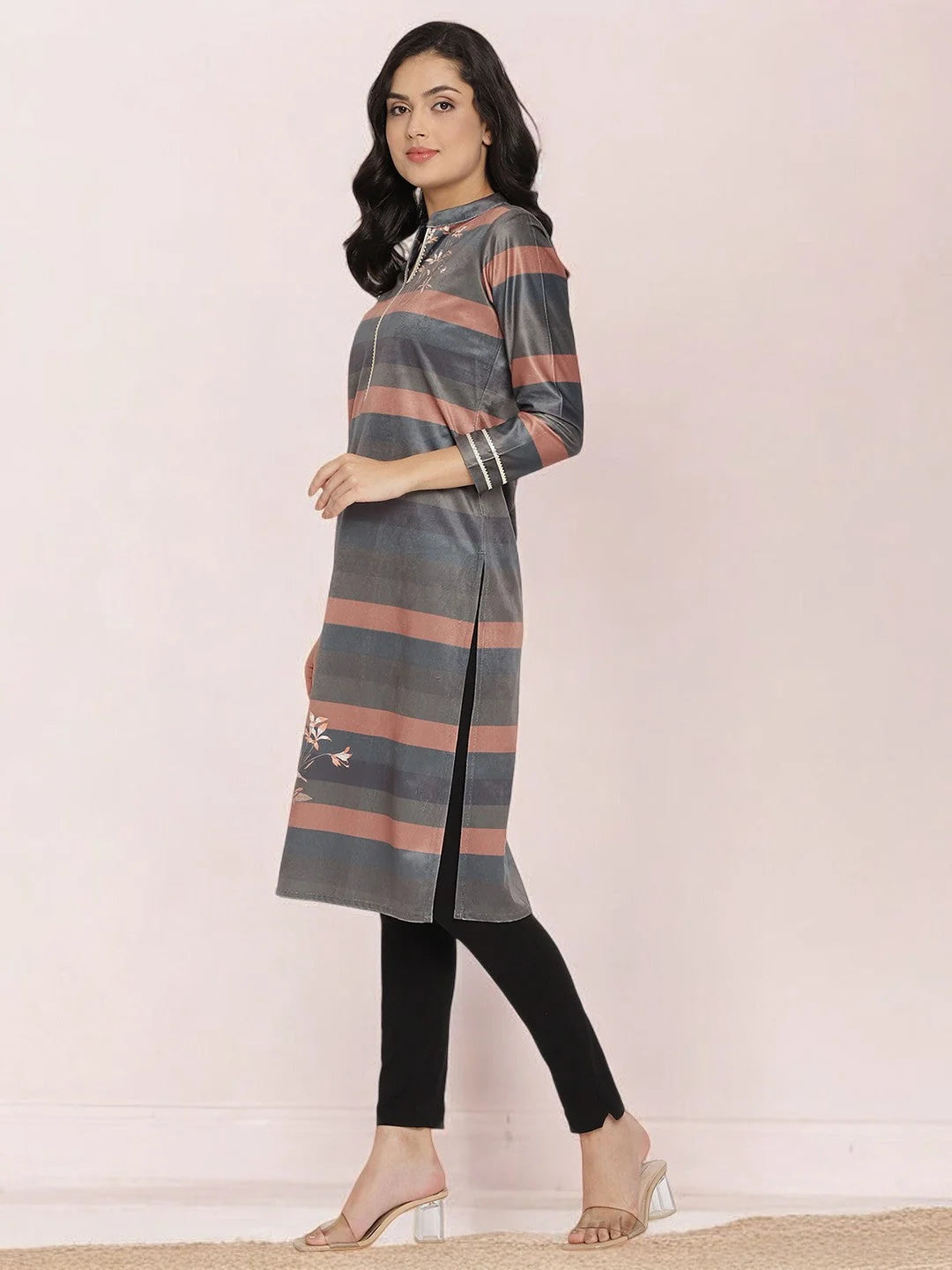 Multi-Color Stripe Velvet Kurta|Indian Kurta for Ladies-AHKUVLDP-909