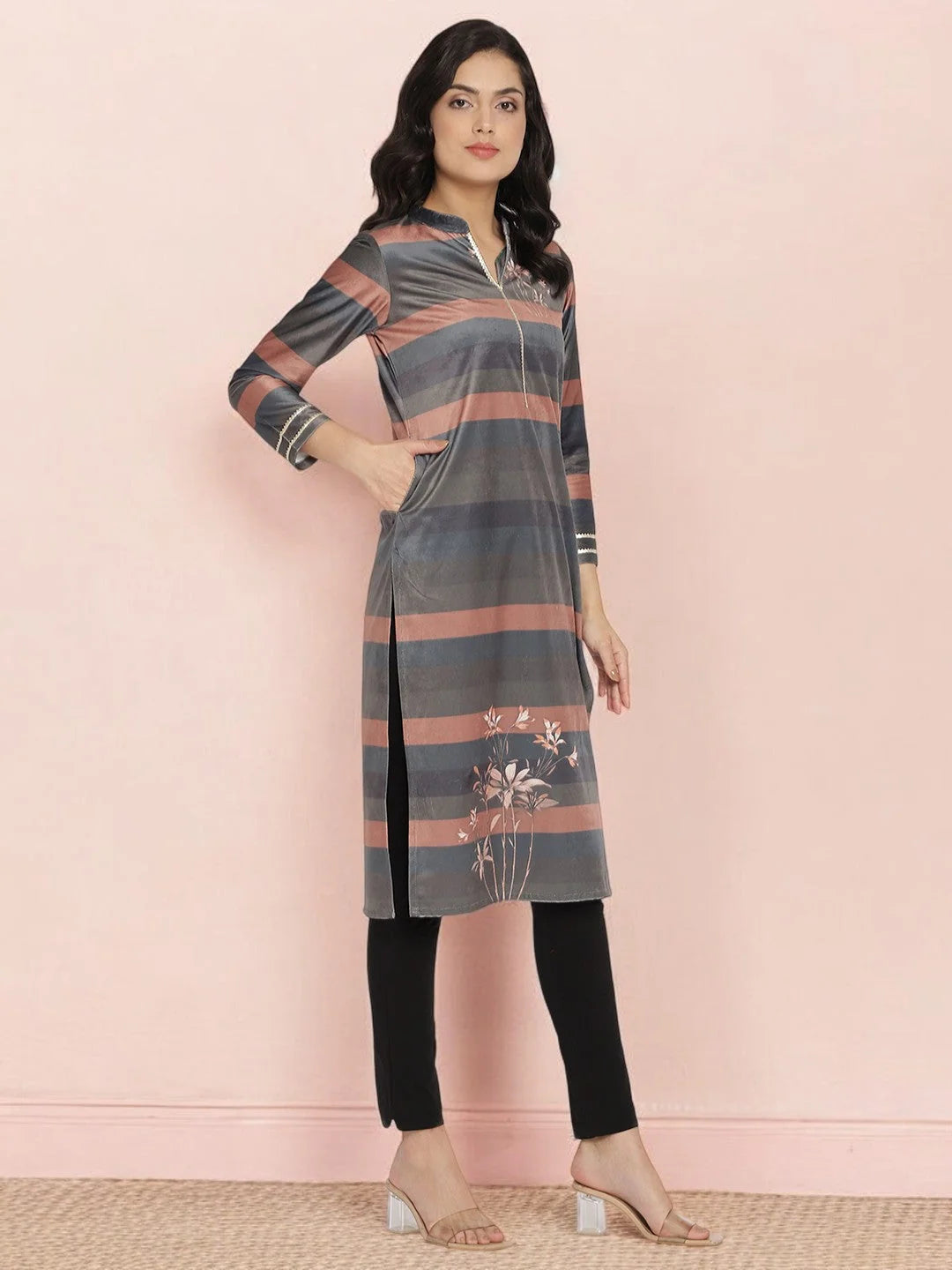 Multi-Color Stripe Velvet Kurta|Indian Kurta for Ladies-AHKUVLDP-909