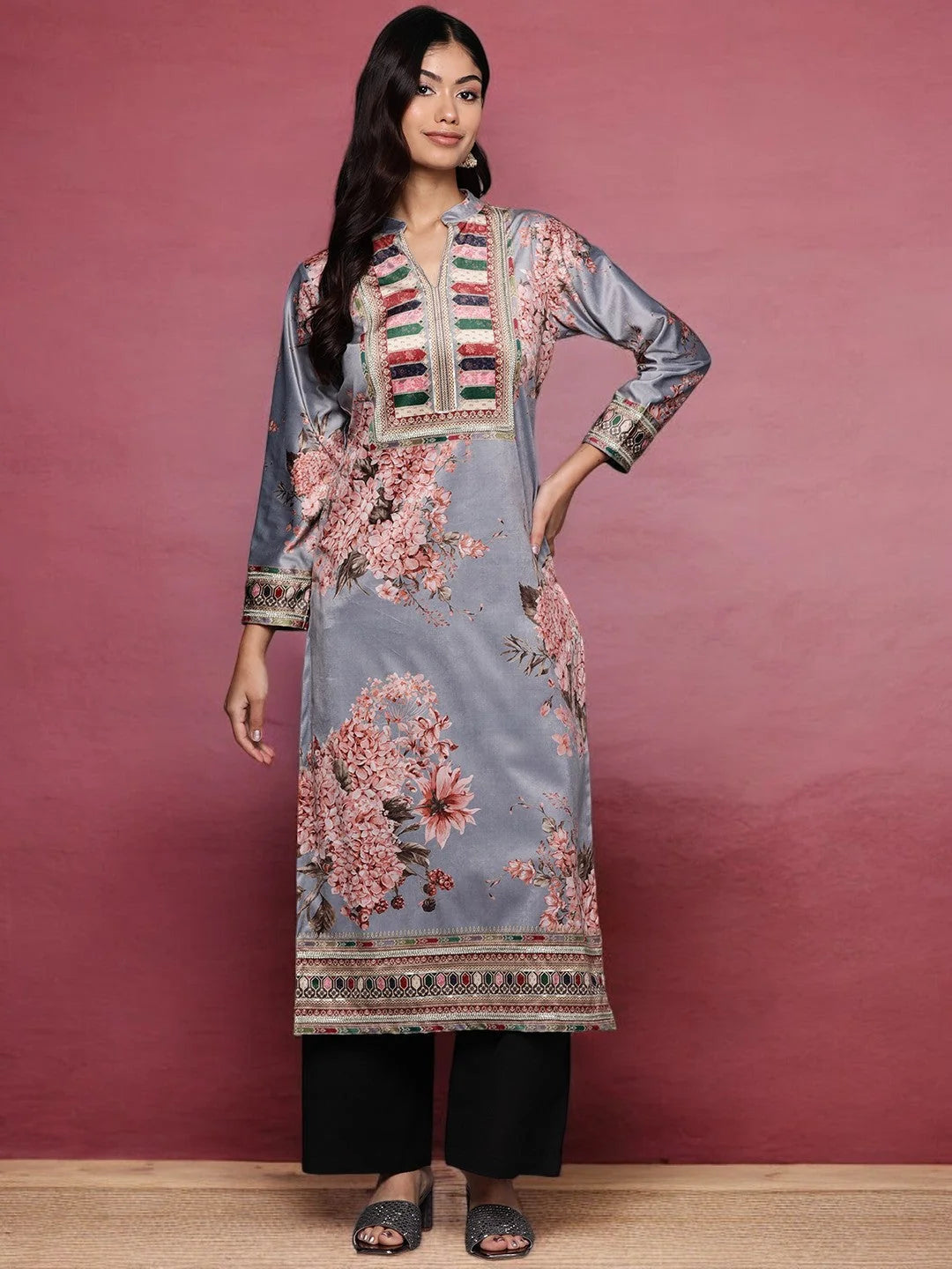 Grey Floral Velvet Kurta | Indian Kurta for Women | Vibrant