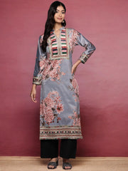 Grey Floral Printed Velvet Kurta-AHKUVLDP2-1113