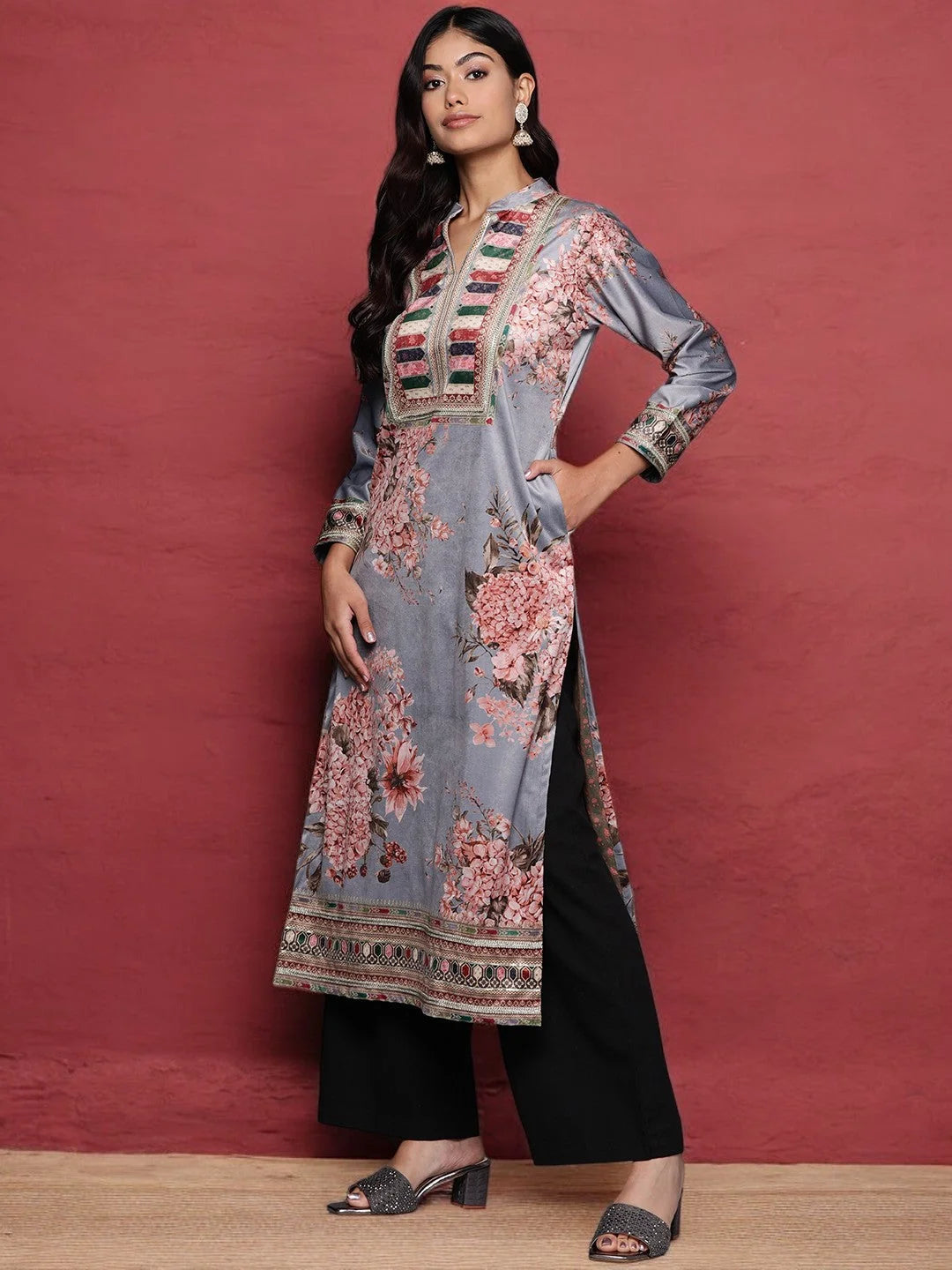 Grey Floral Velvet Kurta | Indian Kurta for Women | Vibrant