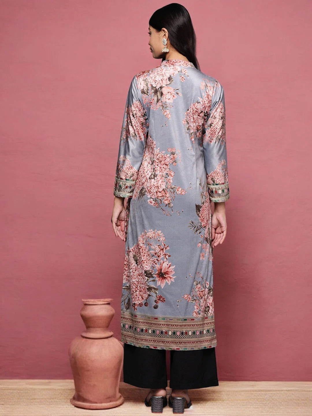Grey Floral Velvet Kurta | Indian Kurta for Women | Vibrant