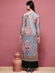 Grey Floral Printed Velvet Kurta-AHKUVLDP2-1113