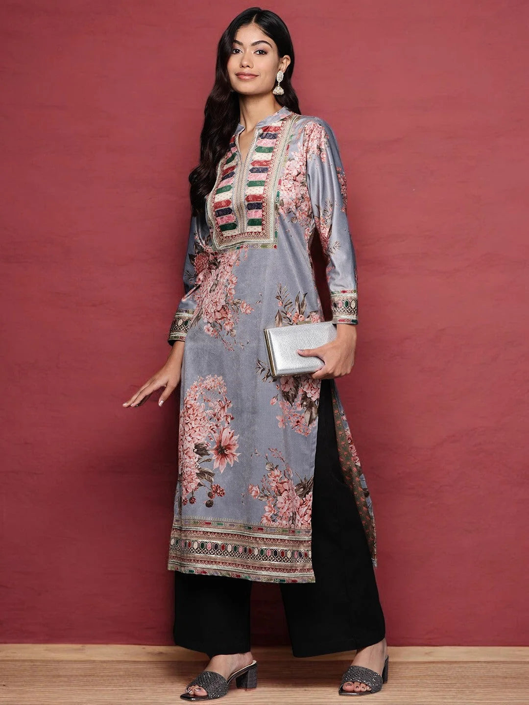 Grey Floral Printed Velvet Kurta-AHKUVLDP2-1113