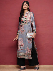 Grey Floral Printed Velvet Kurta-AHKUVLDP2-1113