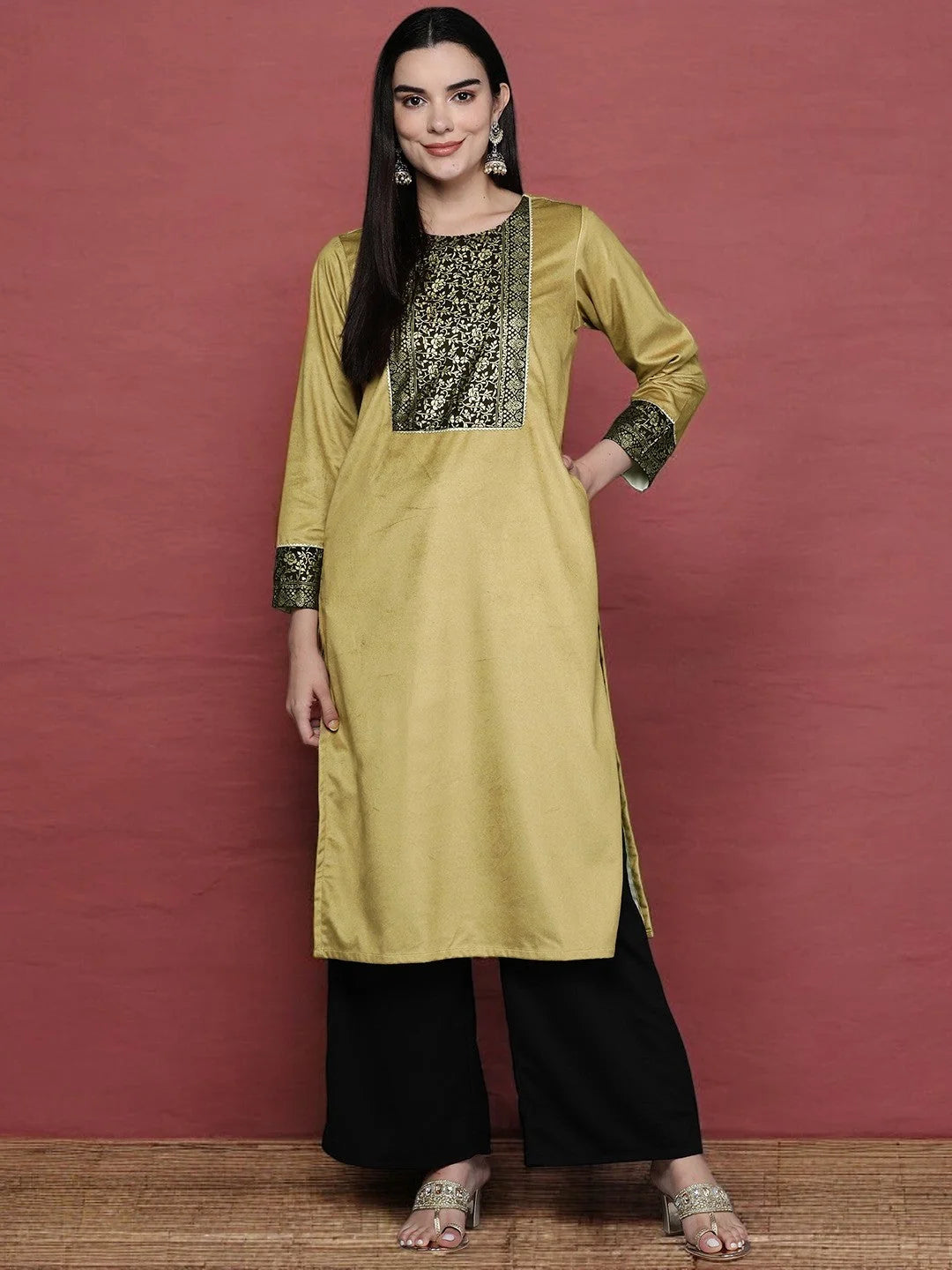 Floral Yoke Design Gotta Patti Velvet Kurta | Indian Kurtis - AHKUVLGP