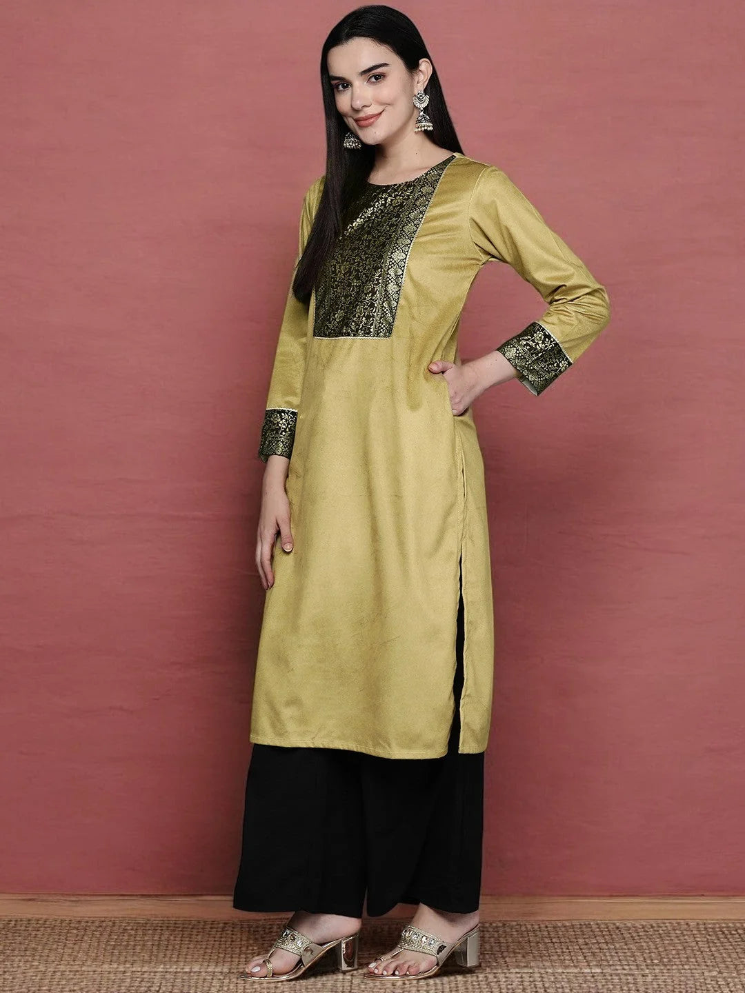 Floral Yoke Design Gotta Patti Velvet Kurta | Indian Kurtis - AHKUVLGP