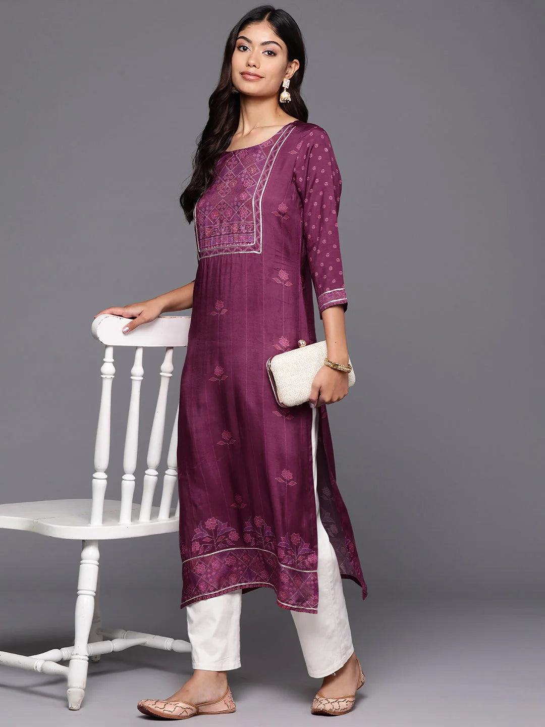 Women Floral Printed Gotta Patti Kurta-AHKUVMDDDS-1115