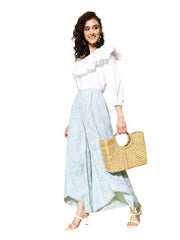 Women Off White & Blue Floral Printed Flared Ethnic Palazzos-AHPZCOKH-15023