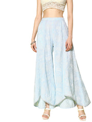Women Off White & Blue Floral Printed Flared Ethnic Palazzos-AHPZCOKH-15023