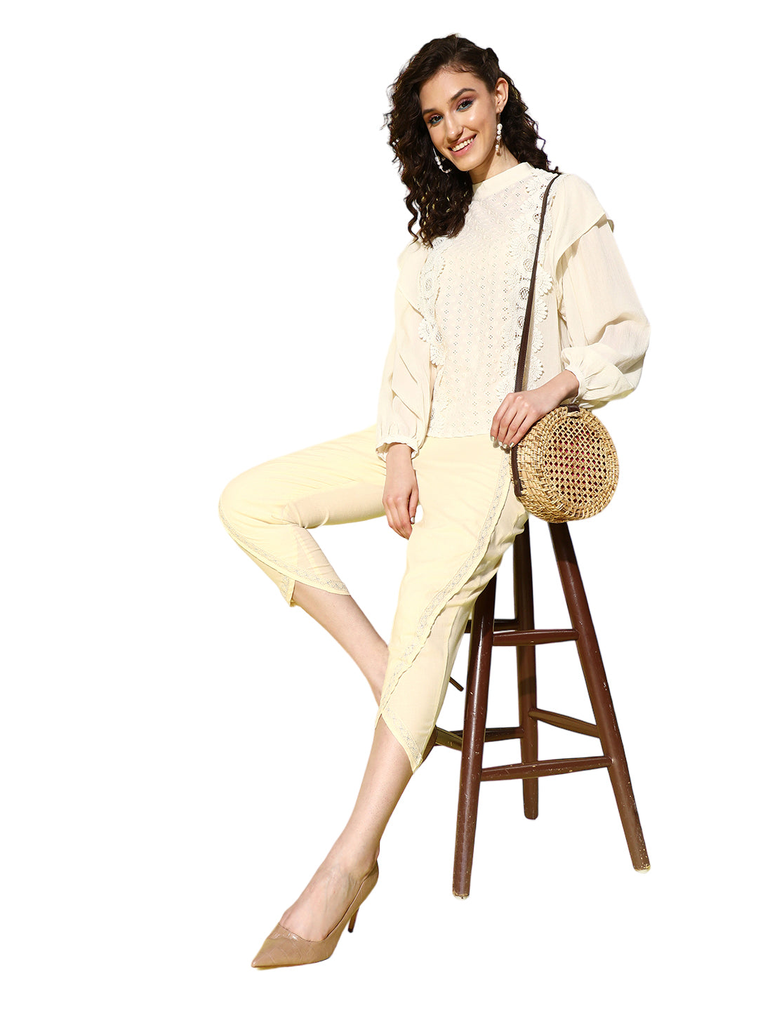 Beige Floral Lace Insert Dhoti Pants-AHPZCOPL-15022