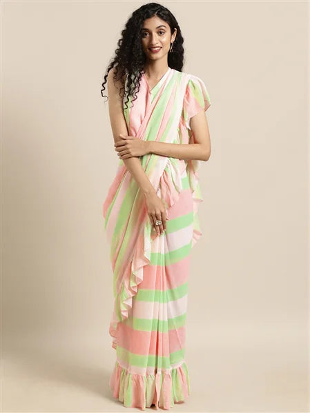 Pastel Striped Ready to Wear Saree | Indian Sari